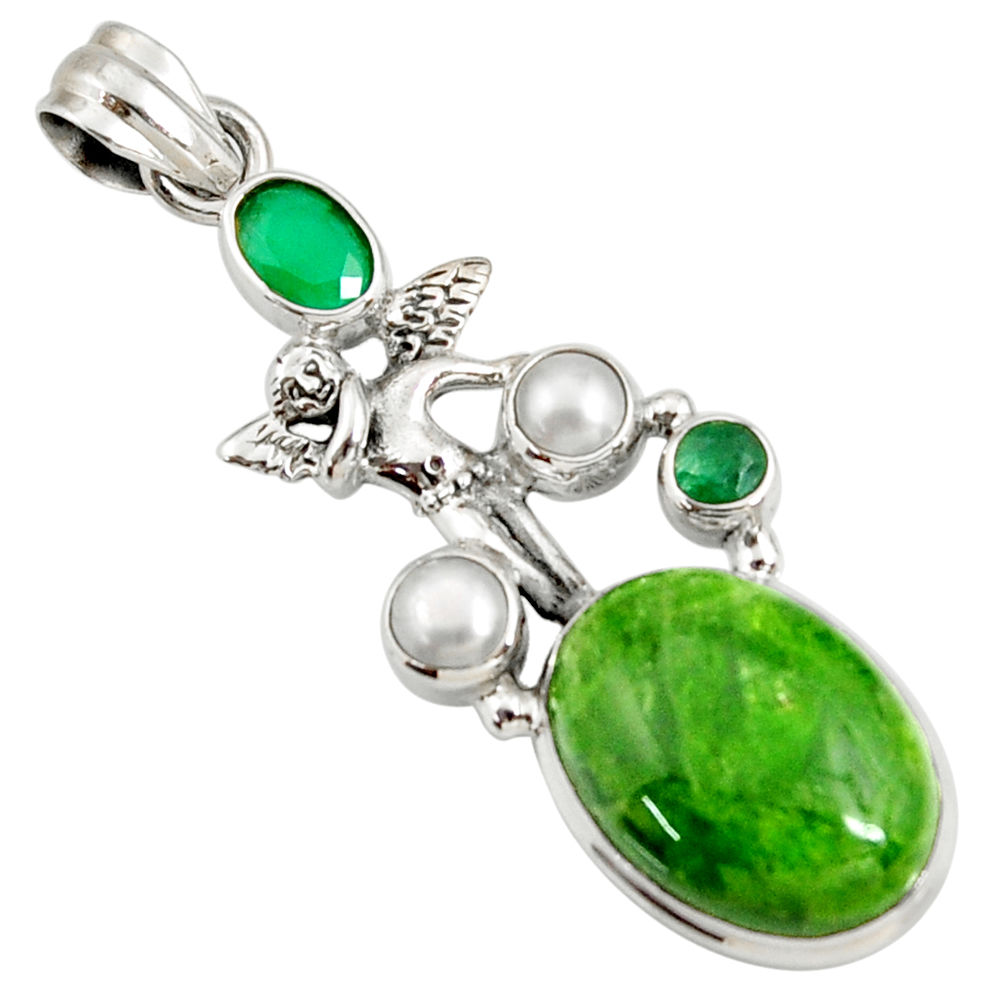 17.38cts natural green chrome diopside silver angel wings fairy pendant d42578