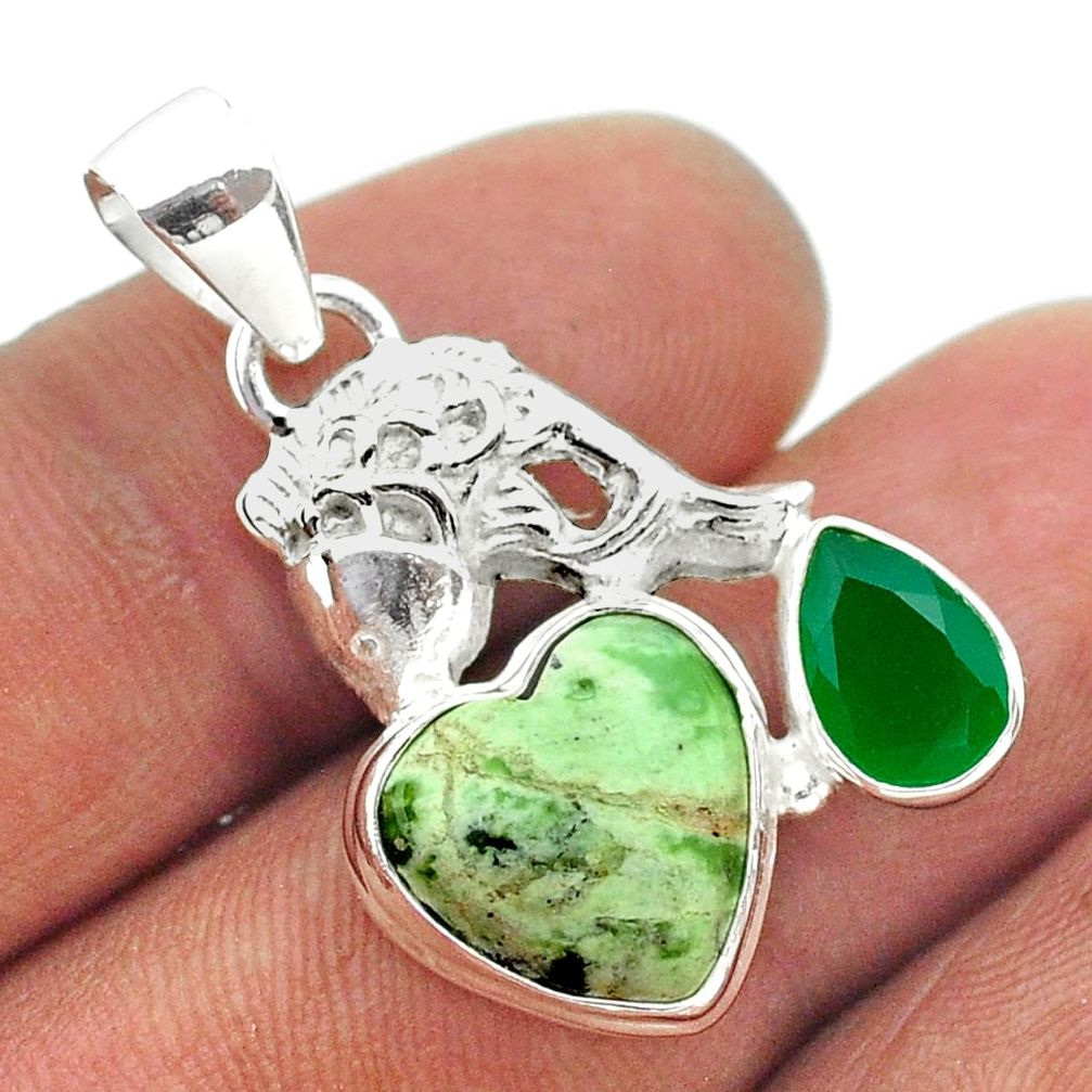 8.03cts natural green chrome heart chalcedony 925 silver fish pendant t55373