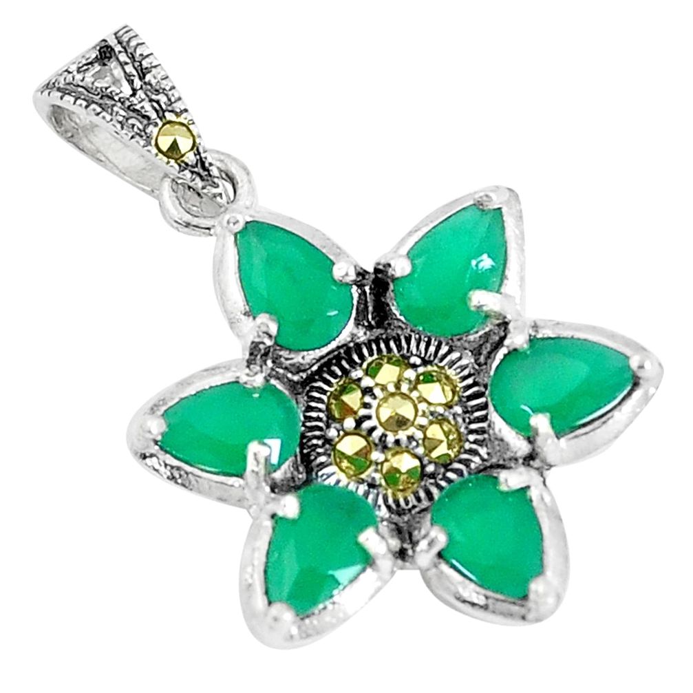 7.24cts natural green emerald (lab) marcasite 925 sterling silver pendant c20854