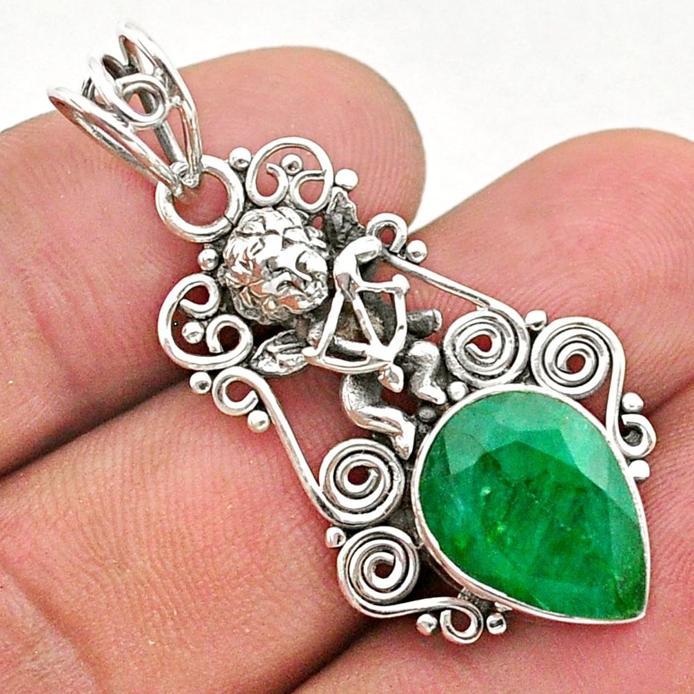 6.10cts natural green emerald 925 sterling silver angel pendant jewelry t40788