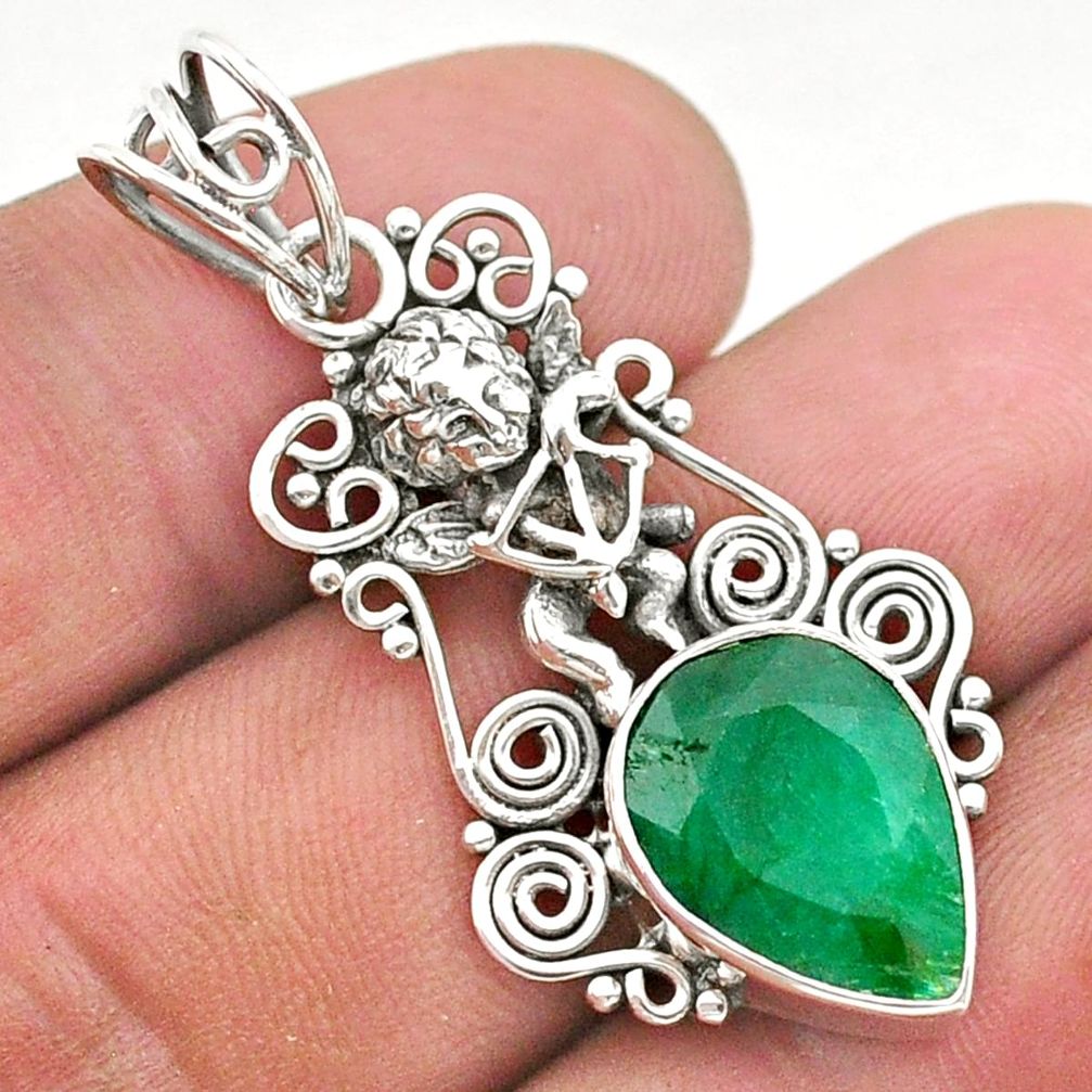 6.08cts natural green emerald 925 sterling silver angel pendant jewelry t40791