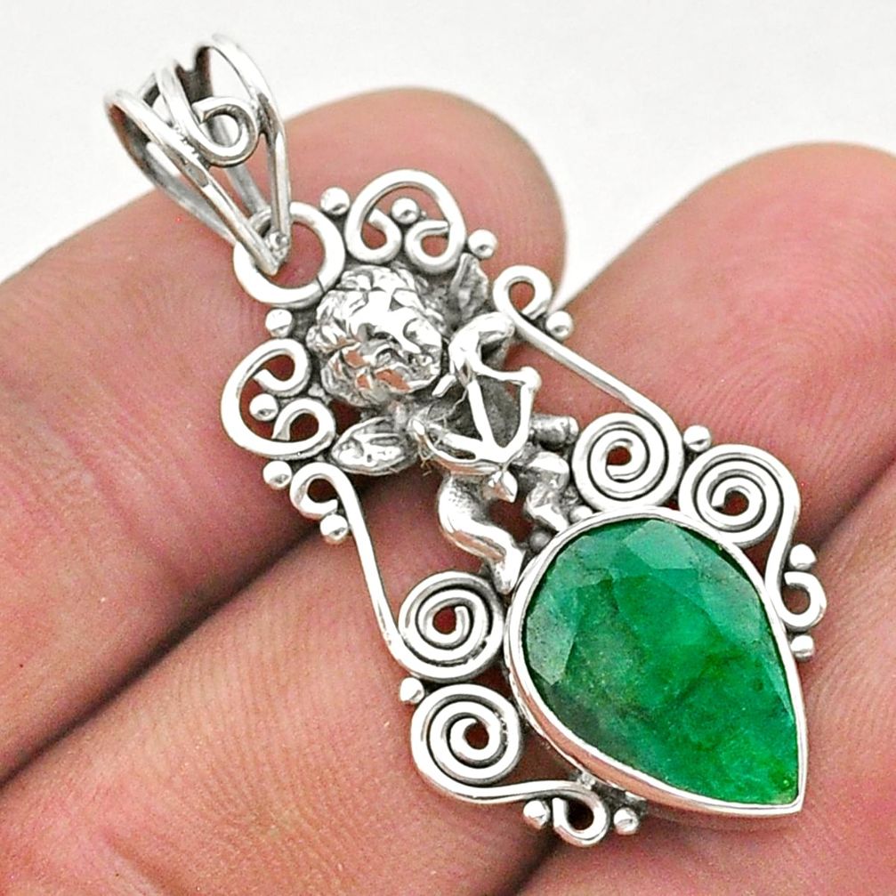 6.18cts natural green emerald 925 sterling silver angel pendant jewelry t40794