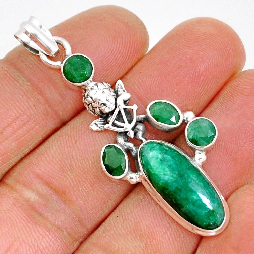 12.72cts natural green emerald 925 sterling silver angel pendant jewelry y2733
