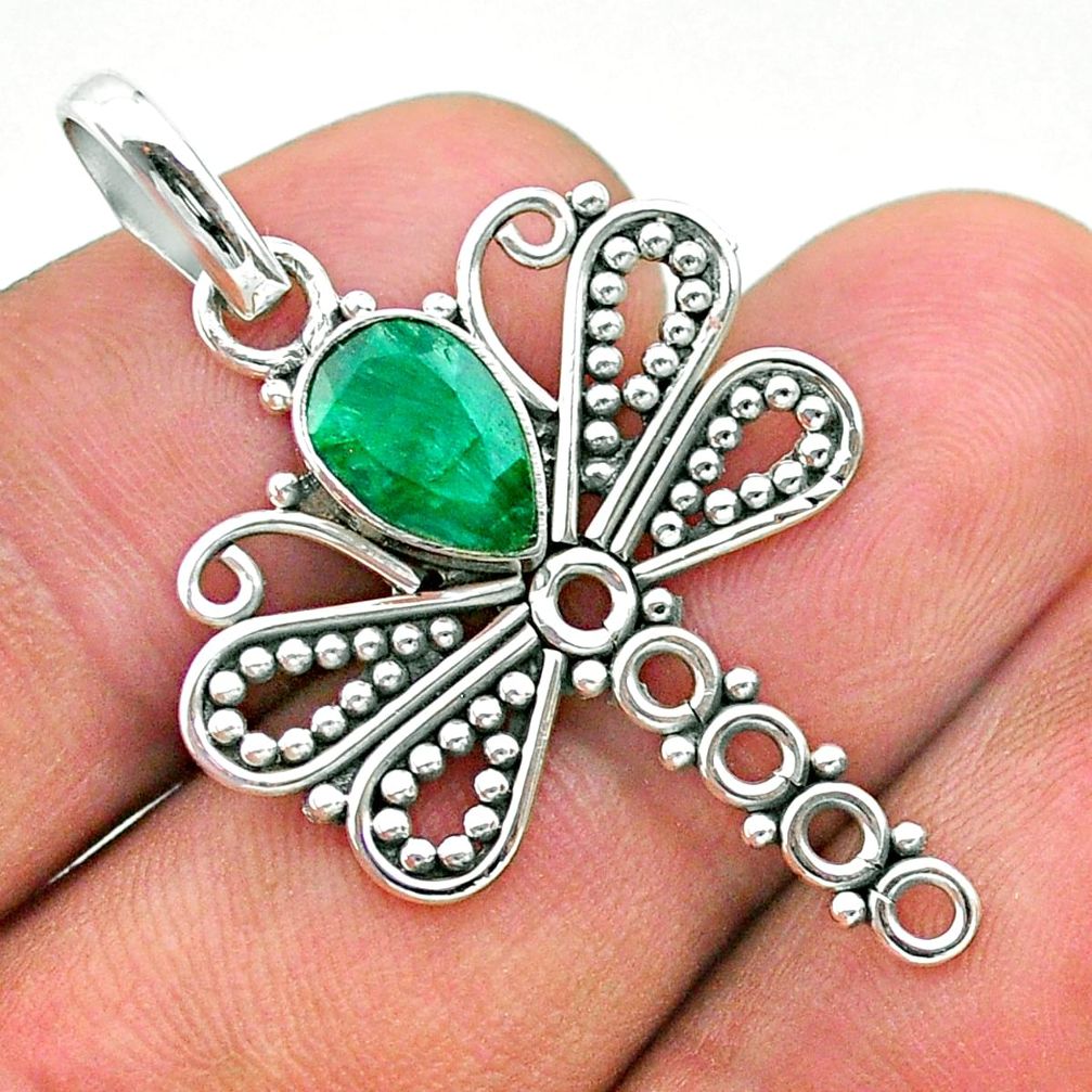 1.96cts natural green emerald 925 sterling silver dragonfly pendant t32907