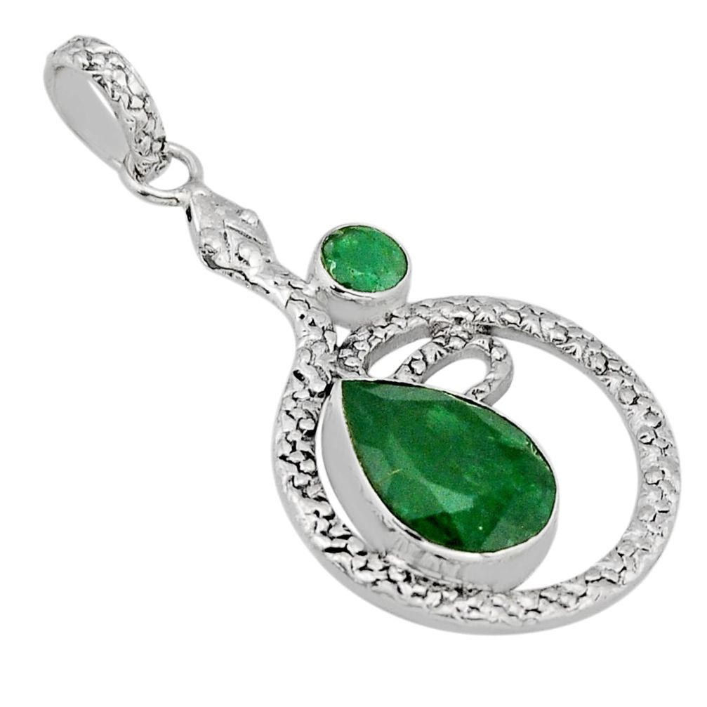 6.92cts natural green emerald 925 sterling silver snake pendant jewelry y69544
