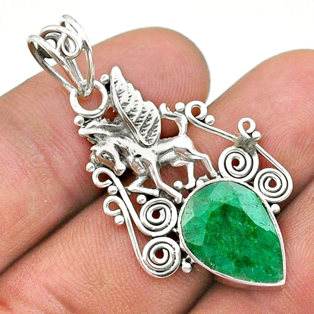 5.79cts natural green emerald 925 sterling silver unicorn pendant jewelry t40810