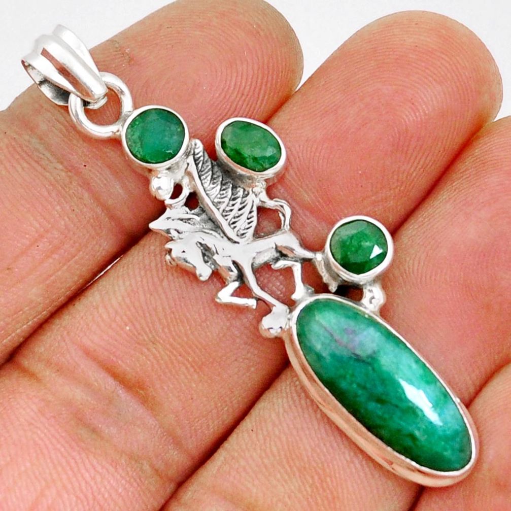 11.71cts natural green emerald 925 sterling silver unicorn pendant jewelry y2738