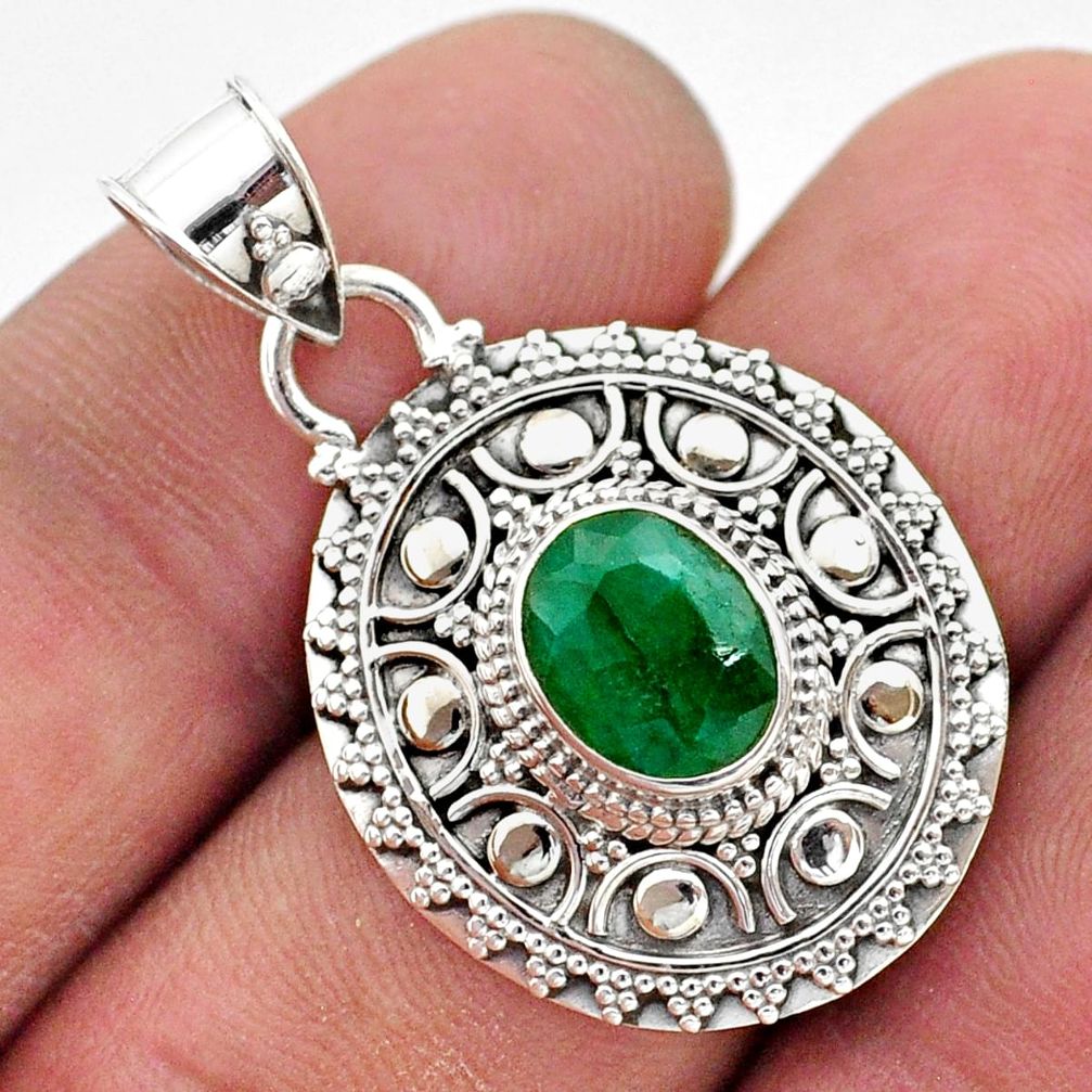 3.13cts natural green emerald oval 925 sterling silver pendant jewelry t42951