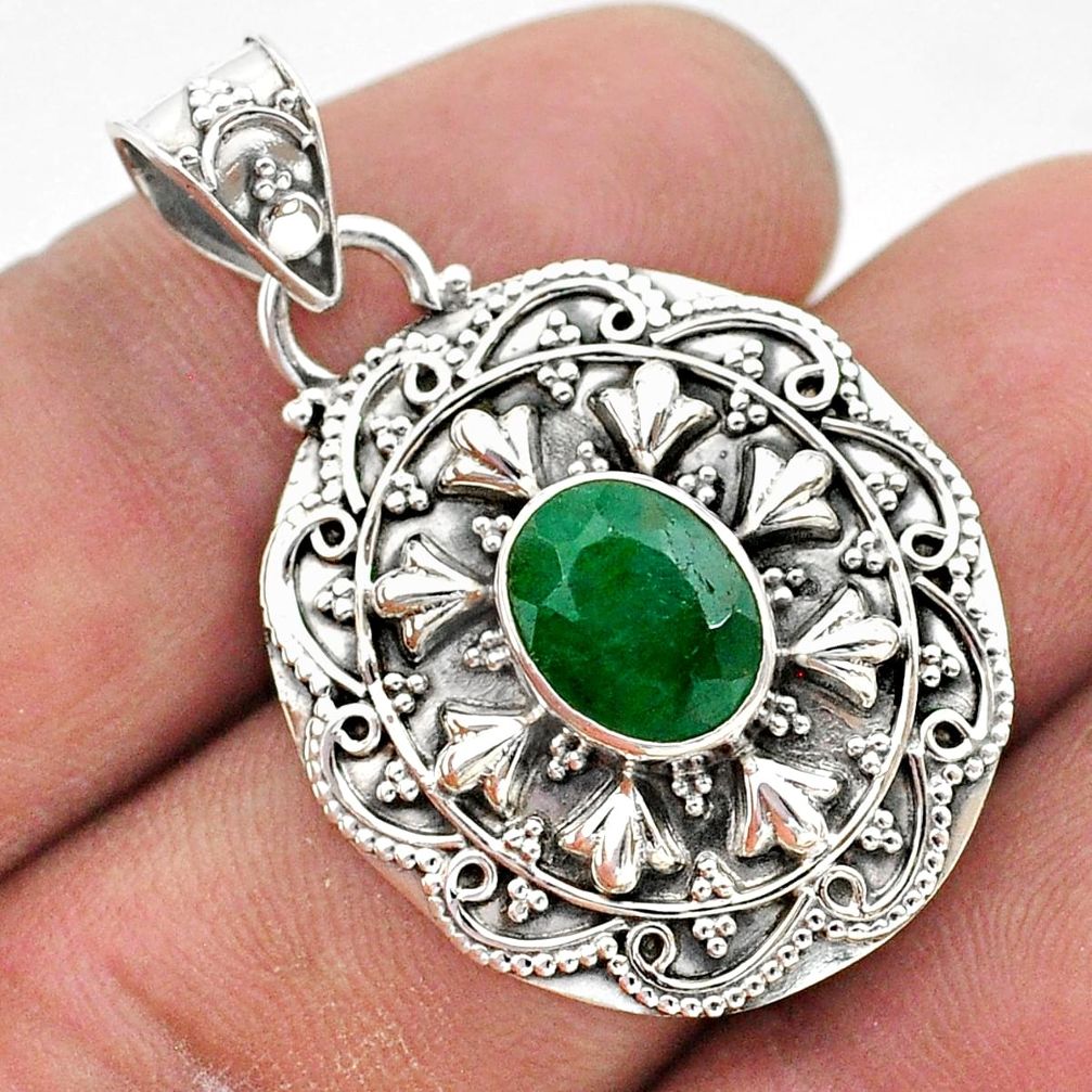 3.28cts natural green emerald oval 925 sterling silver pendant jewelry t42952