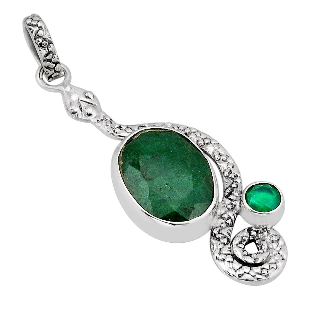 10.57cts natural green emerald oval chalcedony 925 silver snake pendant y70672