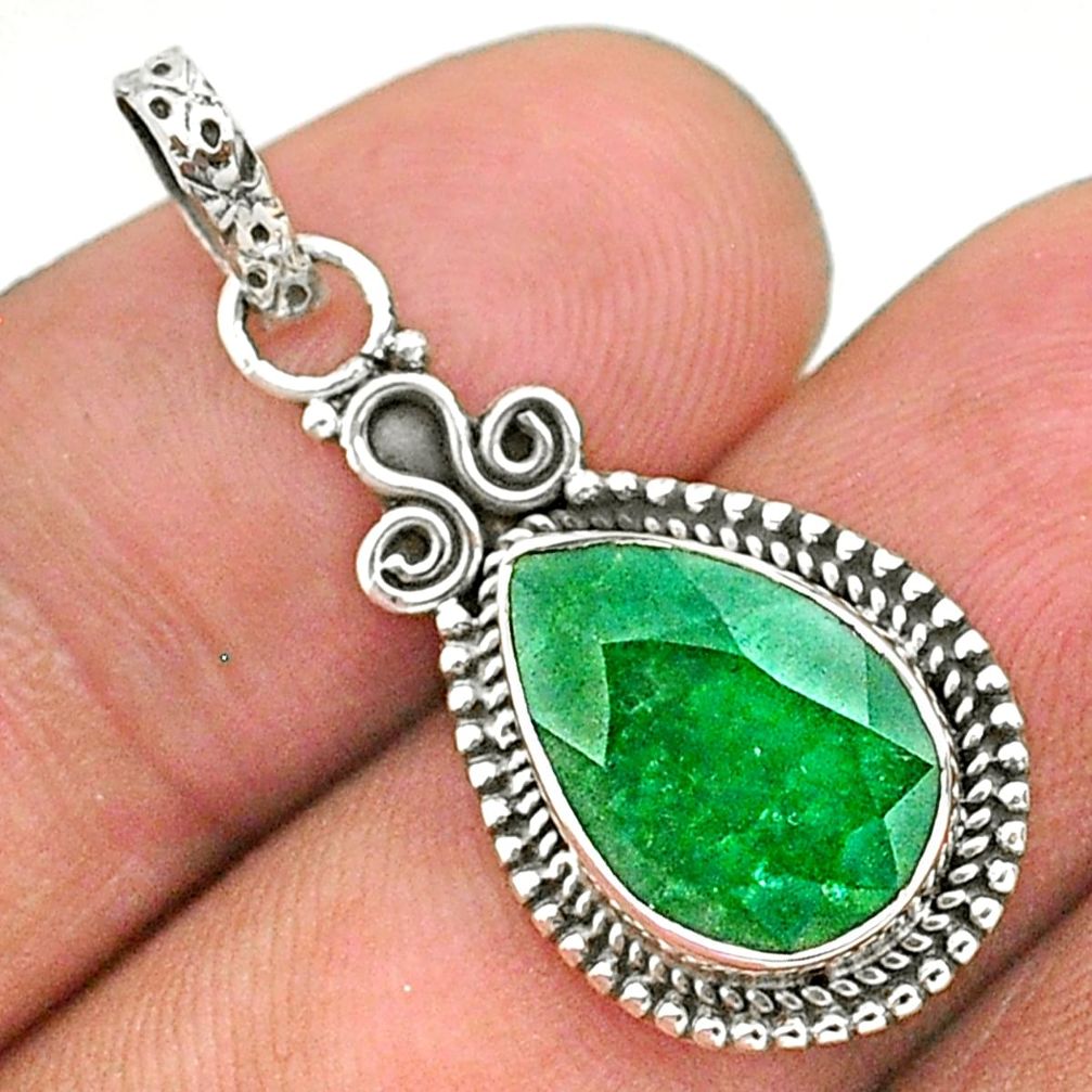 3.89cts natural green emerald pear 925 sterling silver pendant jewelry t35846