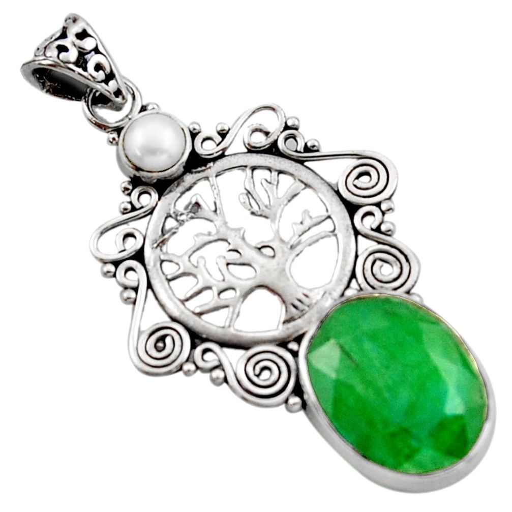 10.23cts natural green emerald pearl 925 silver tree of life pendant d46675