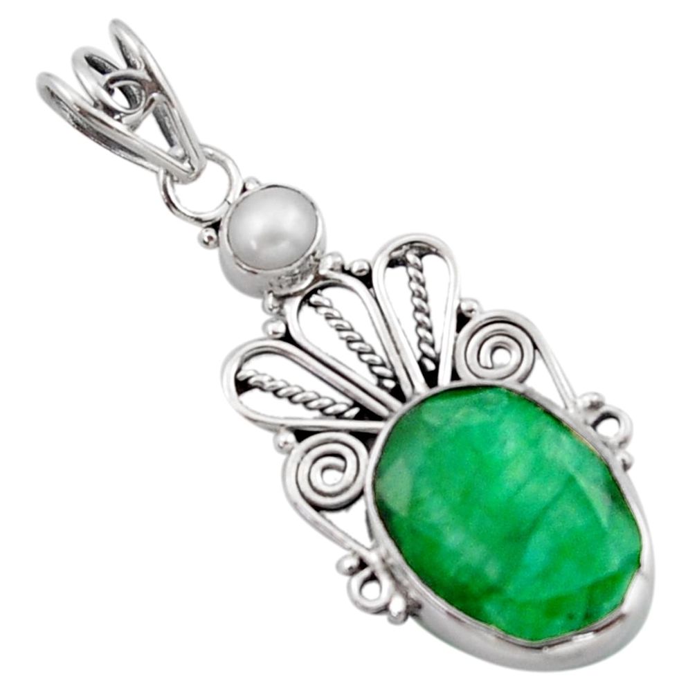 9.99cts natural green emerald pearl 925 sterling silver pendant jewelry d46732