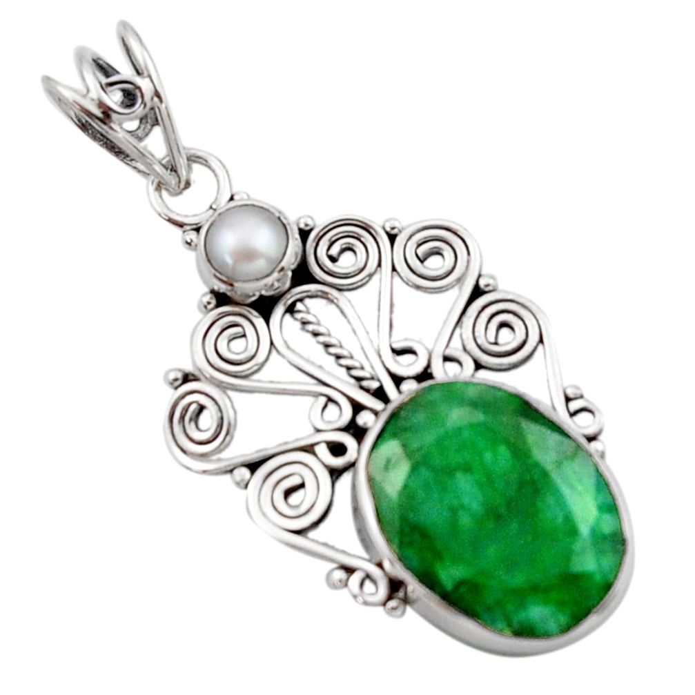 9.99cts natural green emerald pearl 925 sterling silver pendant jewelry d46735