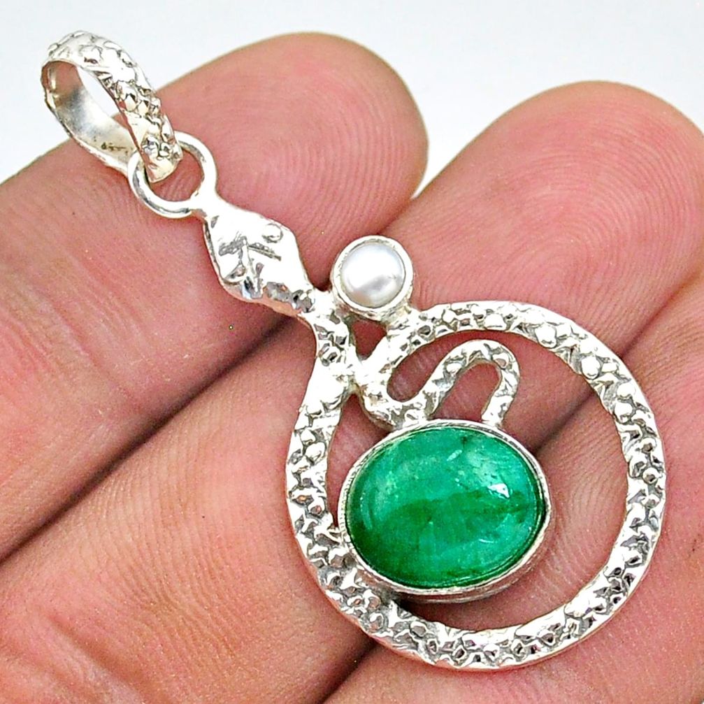 5.38cts natural green emerald pearl 925 sterling silver snake pendant t35505