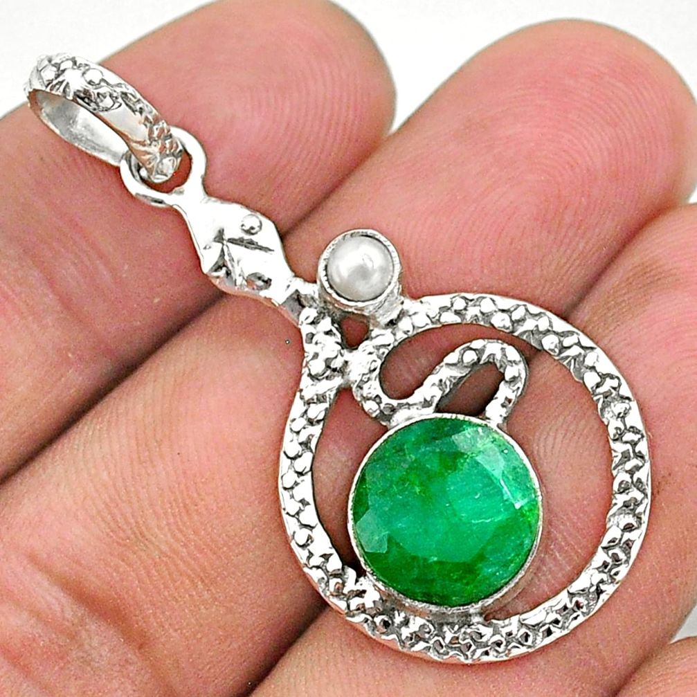 5.53cts natural green emerald pearl 925 sterling silver snake pendant t35509