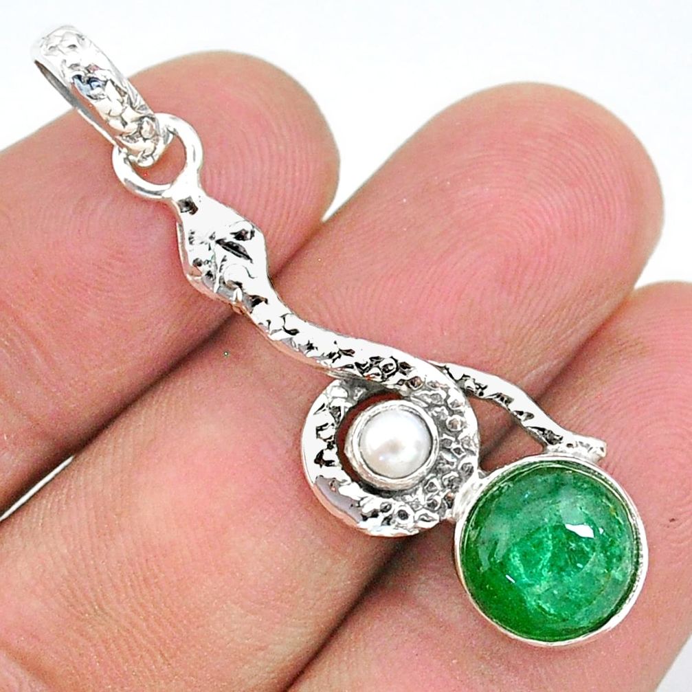 4.82cts natural green emerald pearl 925 sterling silver snake pendant t35687