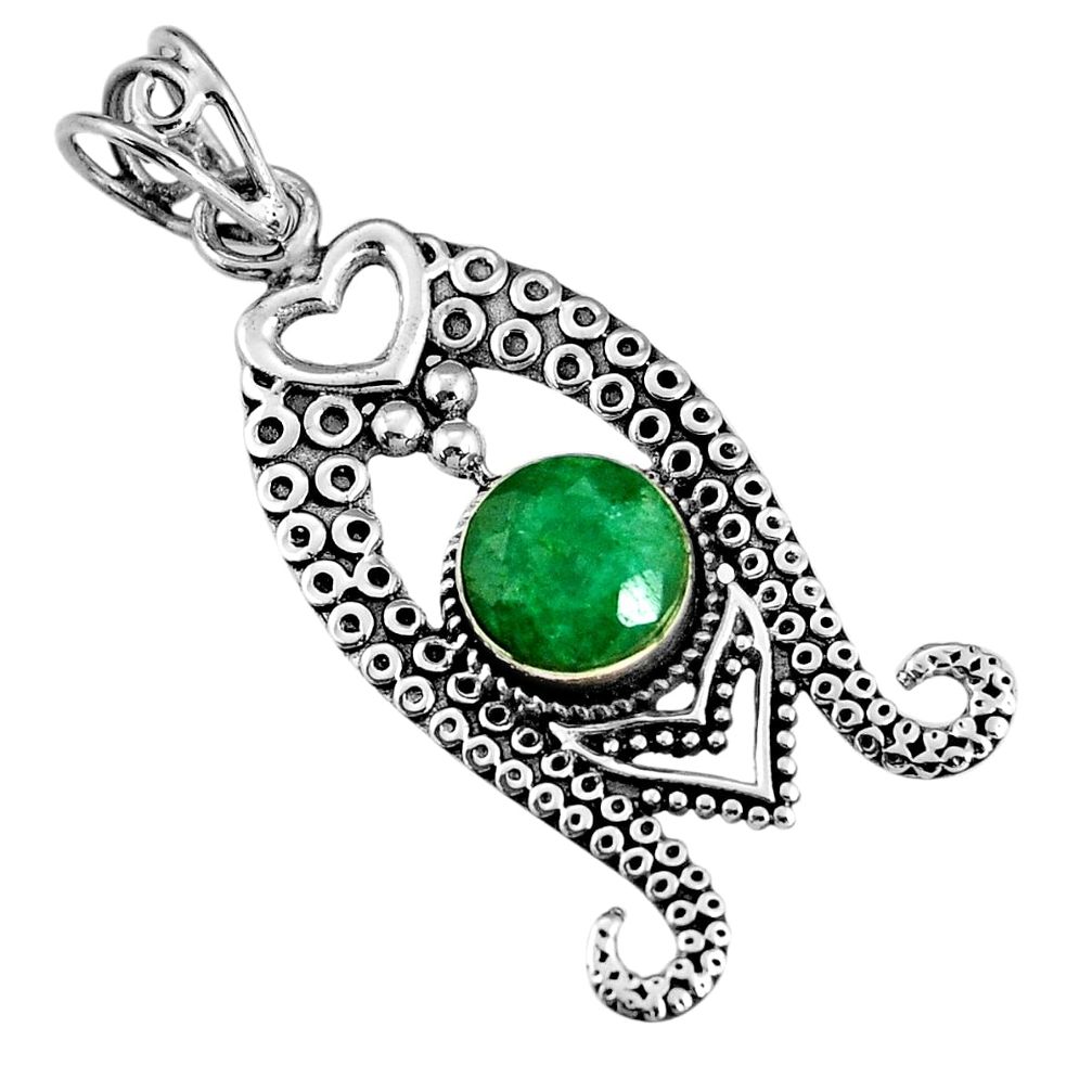 3.41cts natural green emerald round 925 sterling silver pendant jewelry r19565