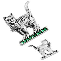 0.34cts natural green emerald round silver cat brooch pendant jewelry n20207