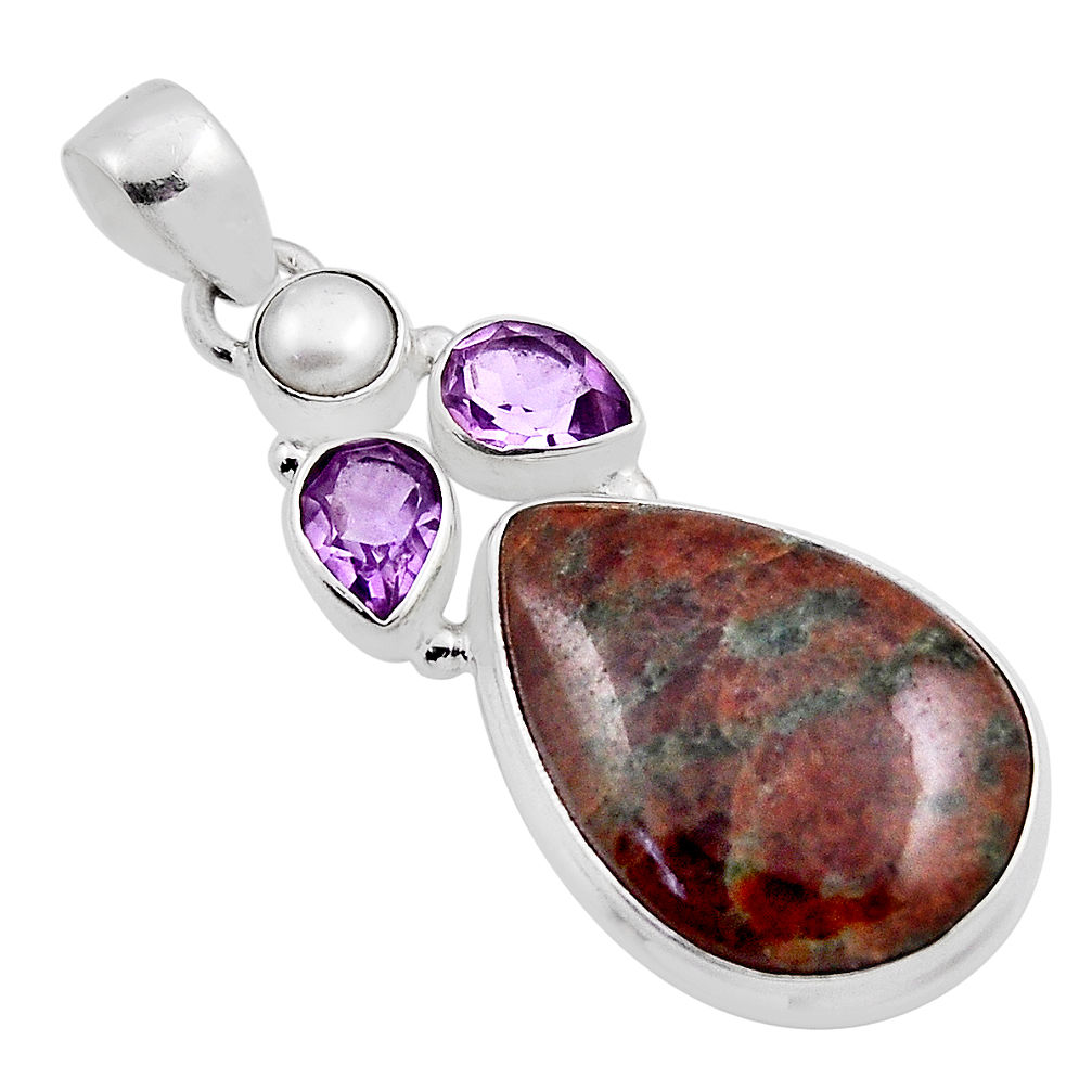 16.87cts natural green grass garnet pear amethyst pearl silver pendant n25181