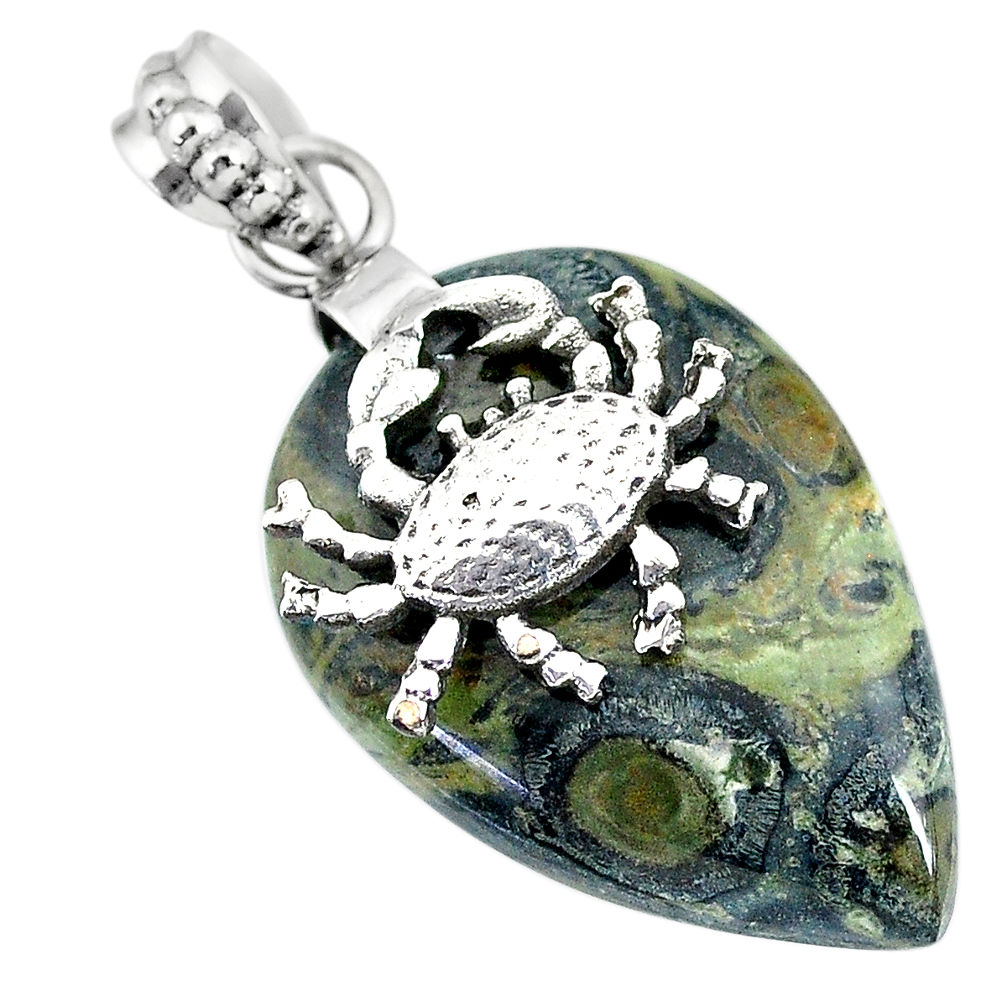 20.86cts natural green kambaba jasper (stromatolites) silver crab pendant r90825