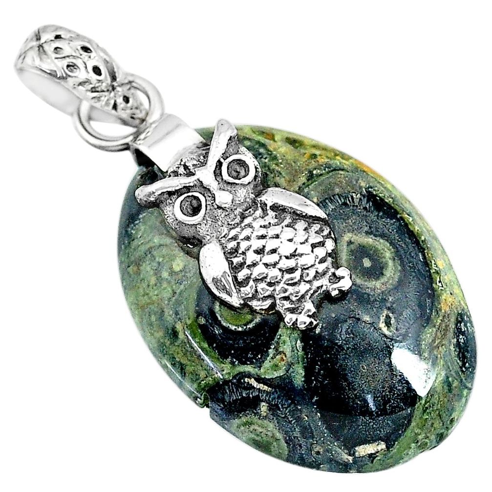 17.32cts natural green kambaba jasper (stromatolites) silver owl pendant r90839