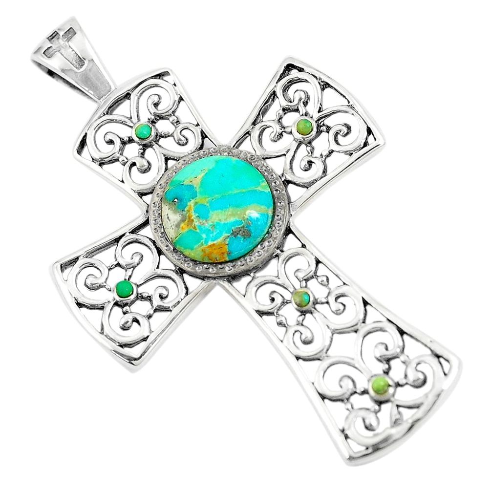 4.48cts natural green kingman turquoise 925 silver holy cross pendant c10779