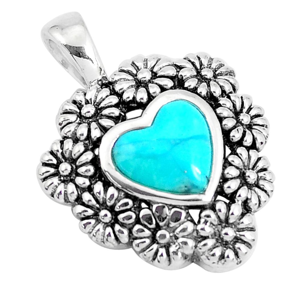 2.74cts natural green kingman turquoise 925 silver flower pendant c10824