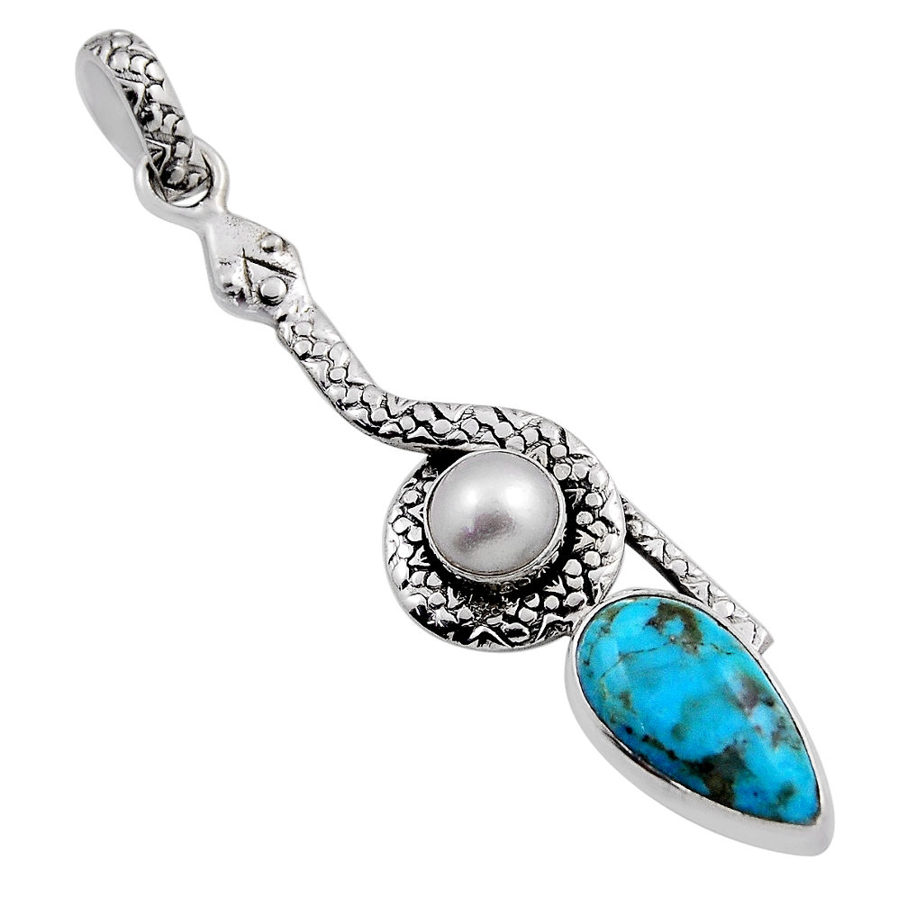 5.87cts natural green  turquoise pearl 925 silver snake pendant n25750