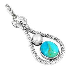 6.80cts natural green kingman turquoise pearl 925 silver snake pendant p7543
