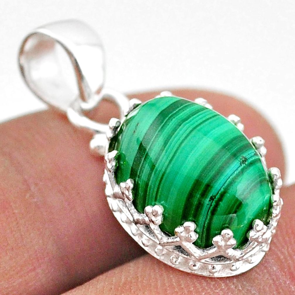 7.62cts natural green malachite (pilot's stone) 925 silver crown pendant t43310