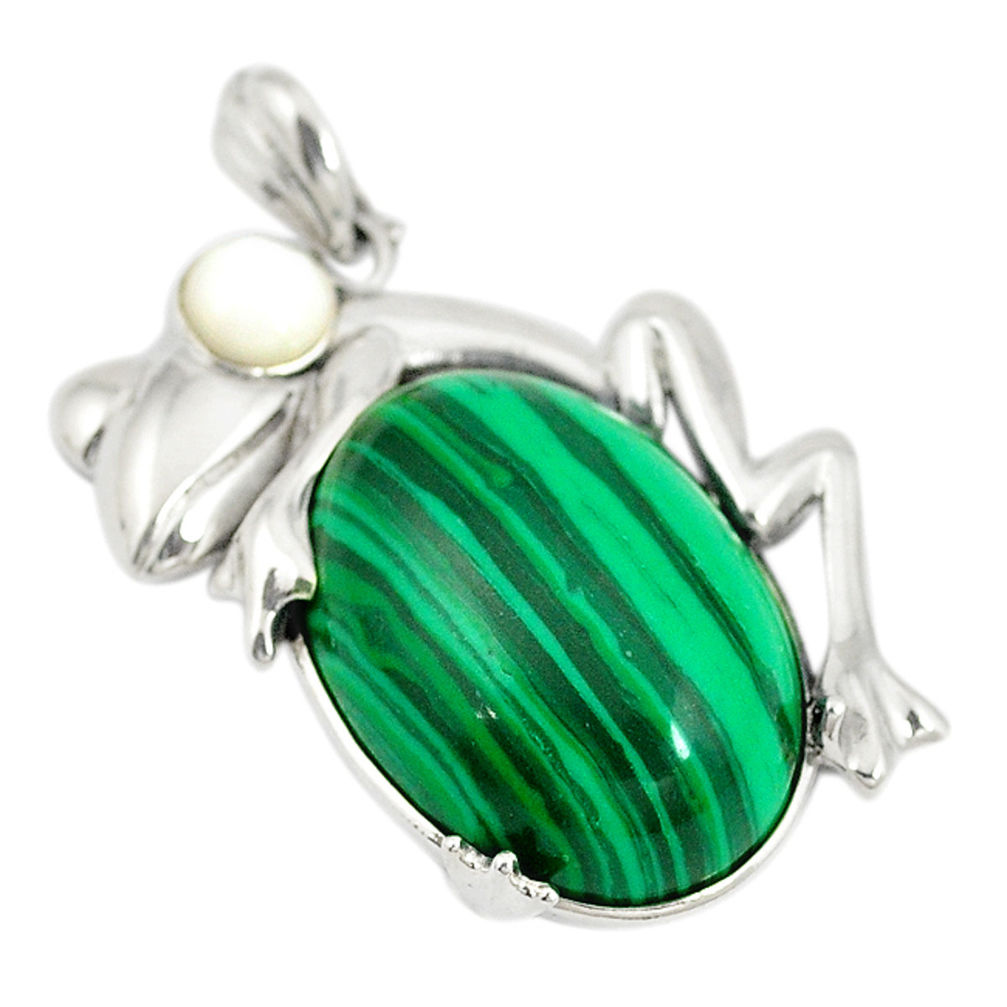 Natural green malachite (pilot's stone) 925 silver frog pendant c21635