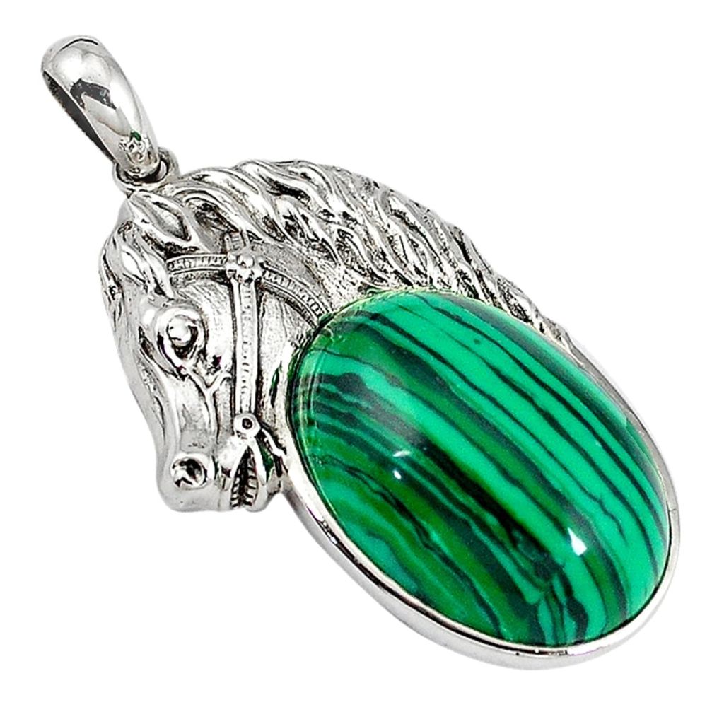 Natural green malachite (pilot's stone) 925 sterling silver horse pendant c22486