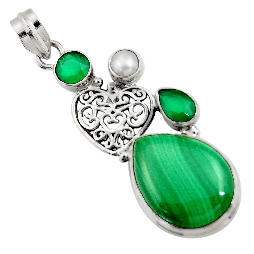 18.22cts natural green malachite (pilot's stone) pearl 925 silver pendant d42725