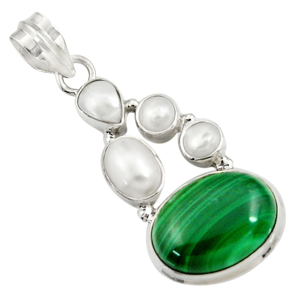 15.76cts natural green malachite (pilot's stone) pearl 925 silver pendant d42762