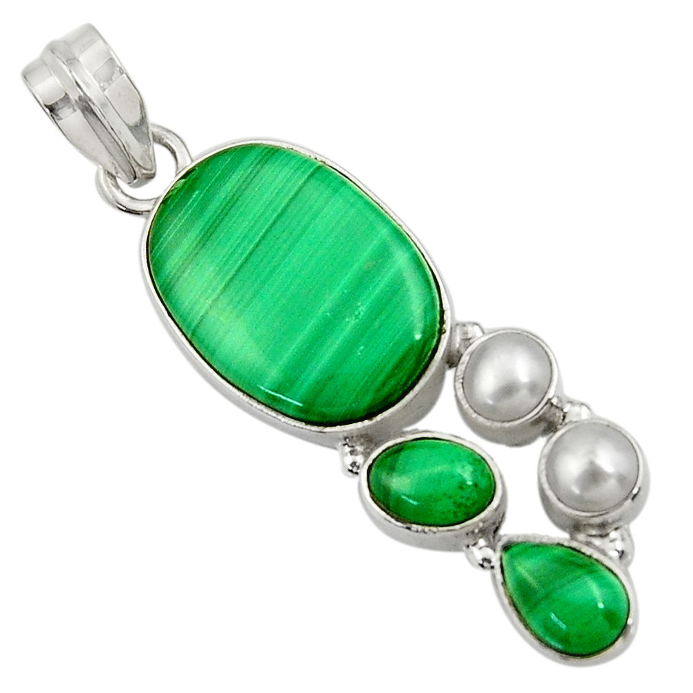 15.97cts natural green malachite (pilot's stone) pearl 925 silver pendant d42779