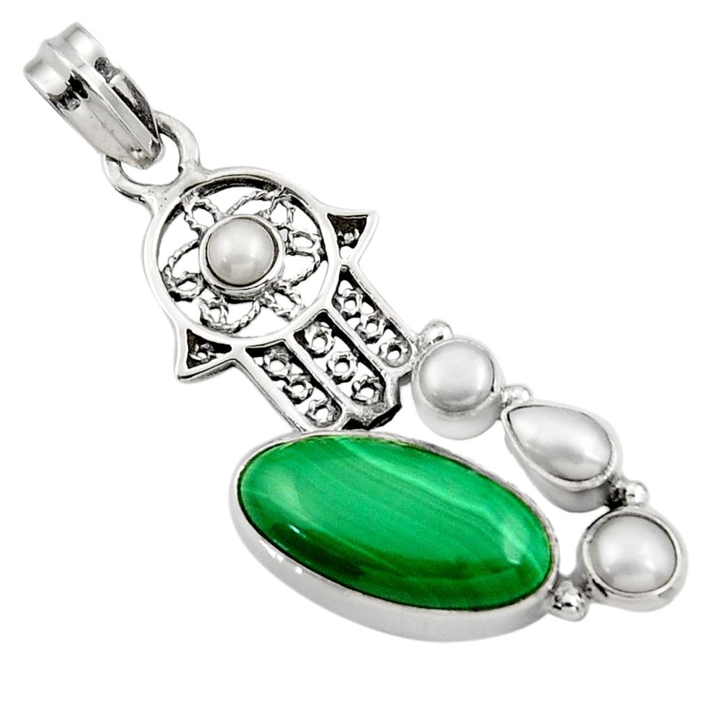 12.04cts natural green malachite 925 silver hand of god hamsa pendant d42729