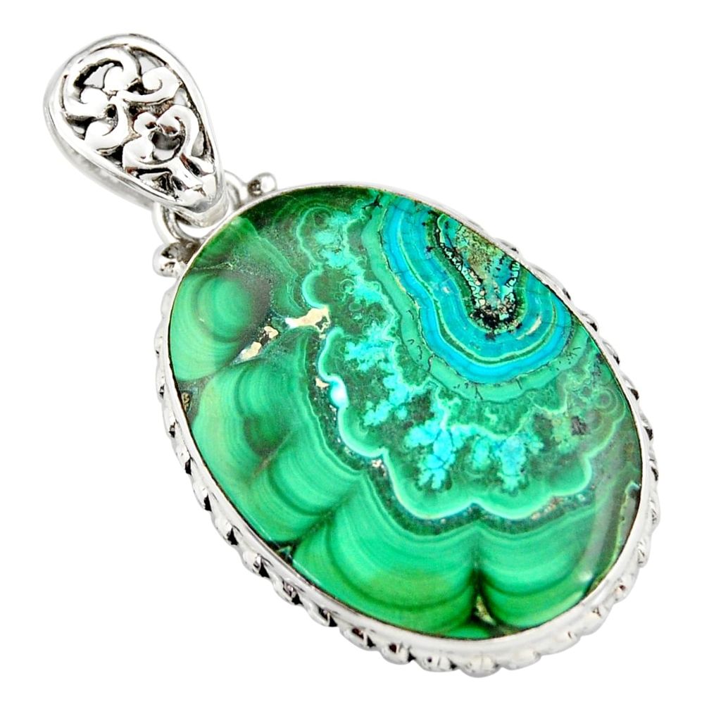 26.70cts natural green malachite in chrysocolla oval 925 silver pendant r20041