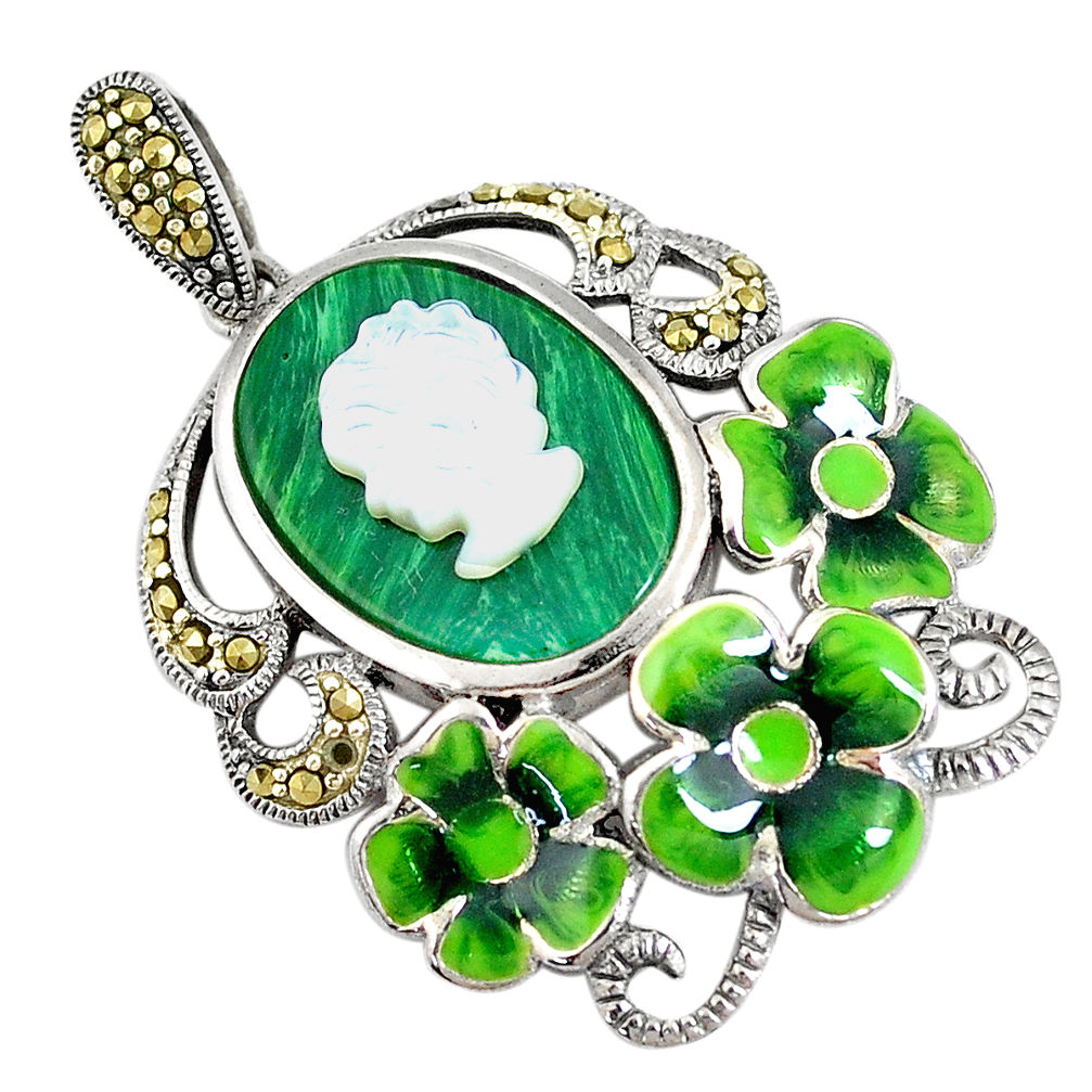 Natural green malachite pearl lady face 925 silver pendant jewelry c16676