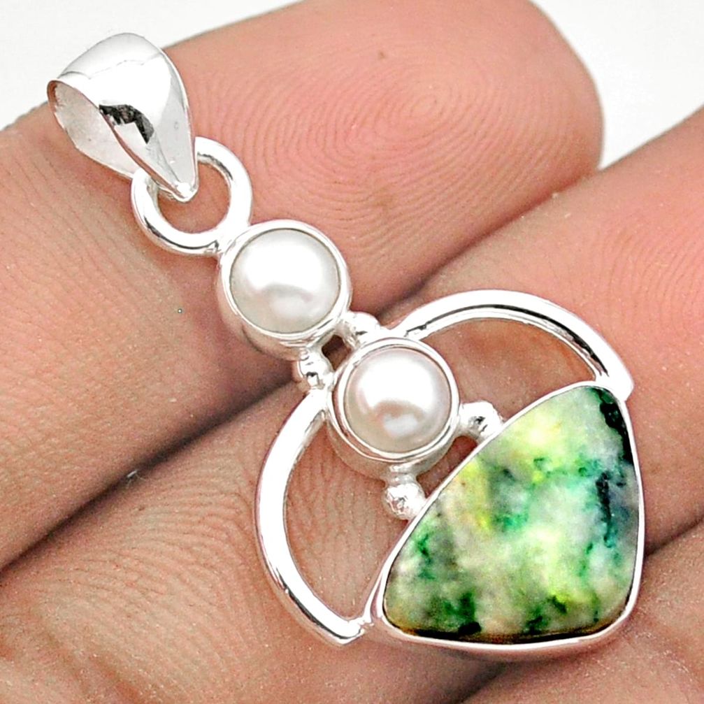 5.63cts natural green mariposite white pearl 925 sterling silver geometric pendant u14084