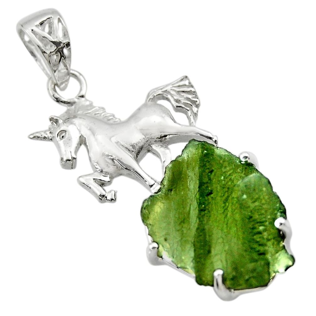 11.66cts natural green moldavite (genuine czech) 925 silver horse pendant r29379