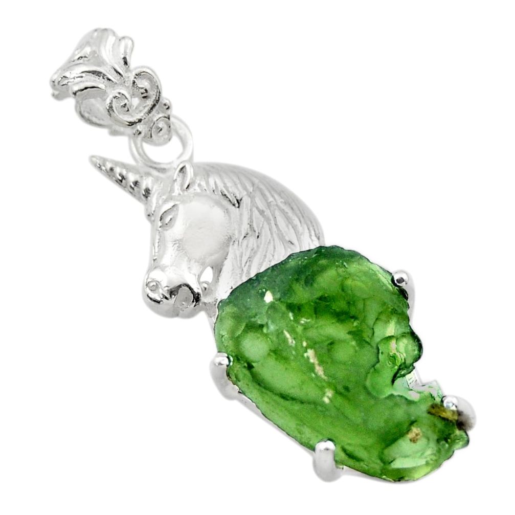 11.44cts natural green moldavite (genuine czech) 925 silver horse pendant r29389