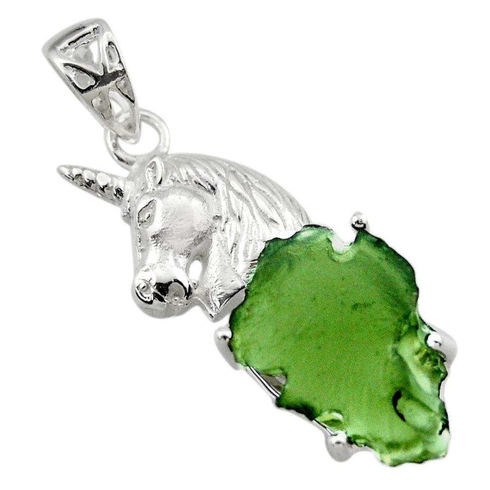 10.81cts natural green moldavite (genuine czech) 925 silver horse pendant r29390