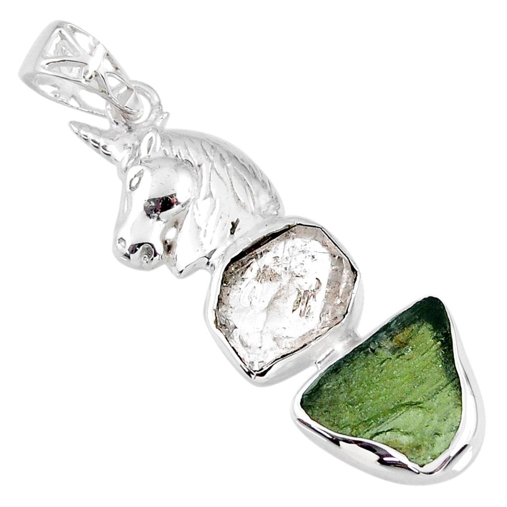 10.23cts natural green moldavite (genuine czech) 925 silver horse pendant r56982