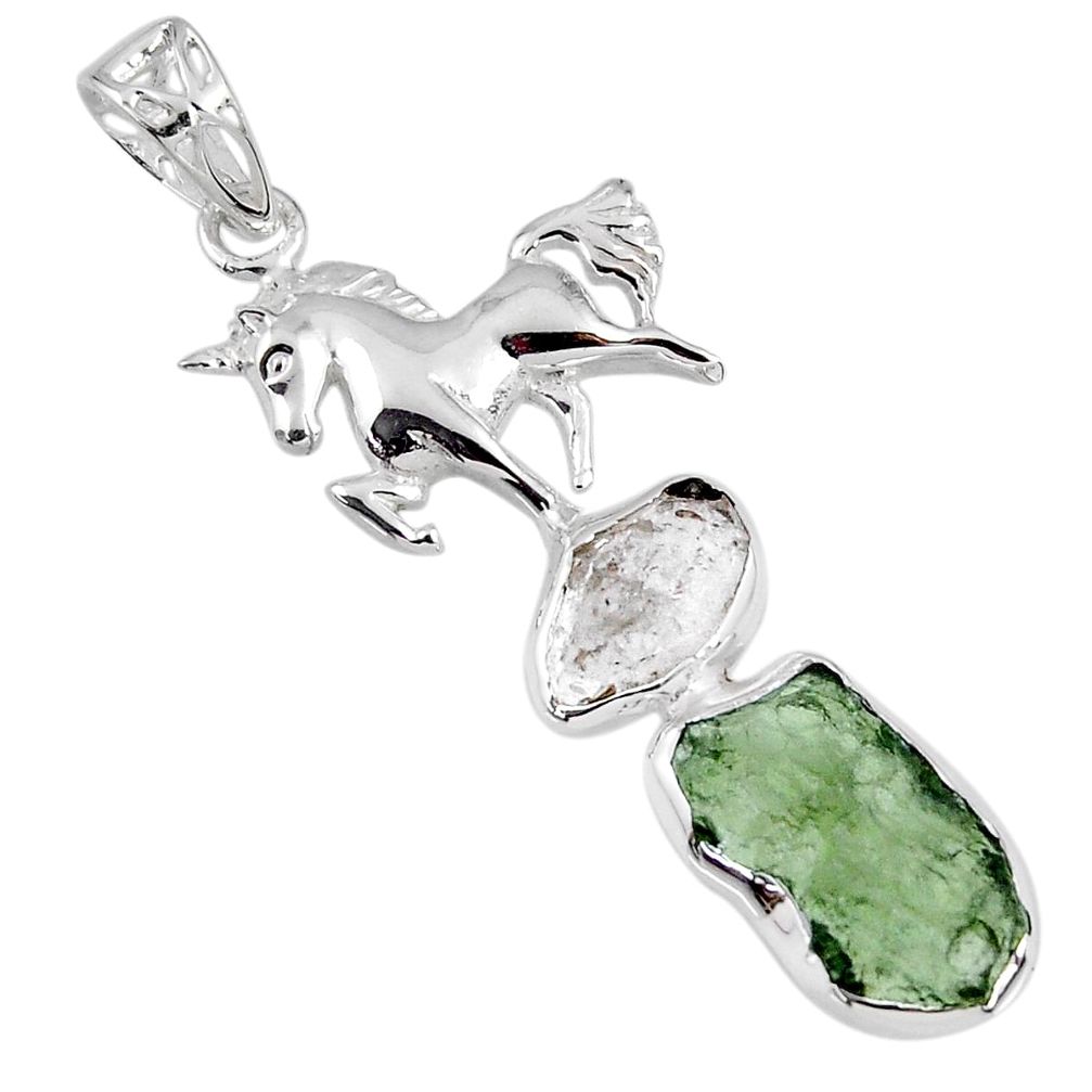 9.61cts natural green moldavite (genuine czech) 925 silver horse pendant r56985