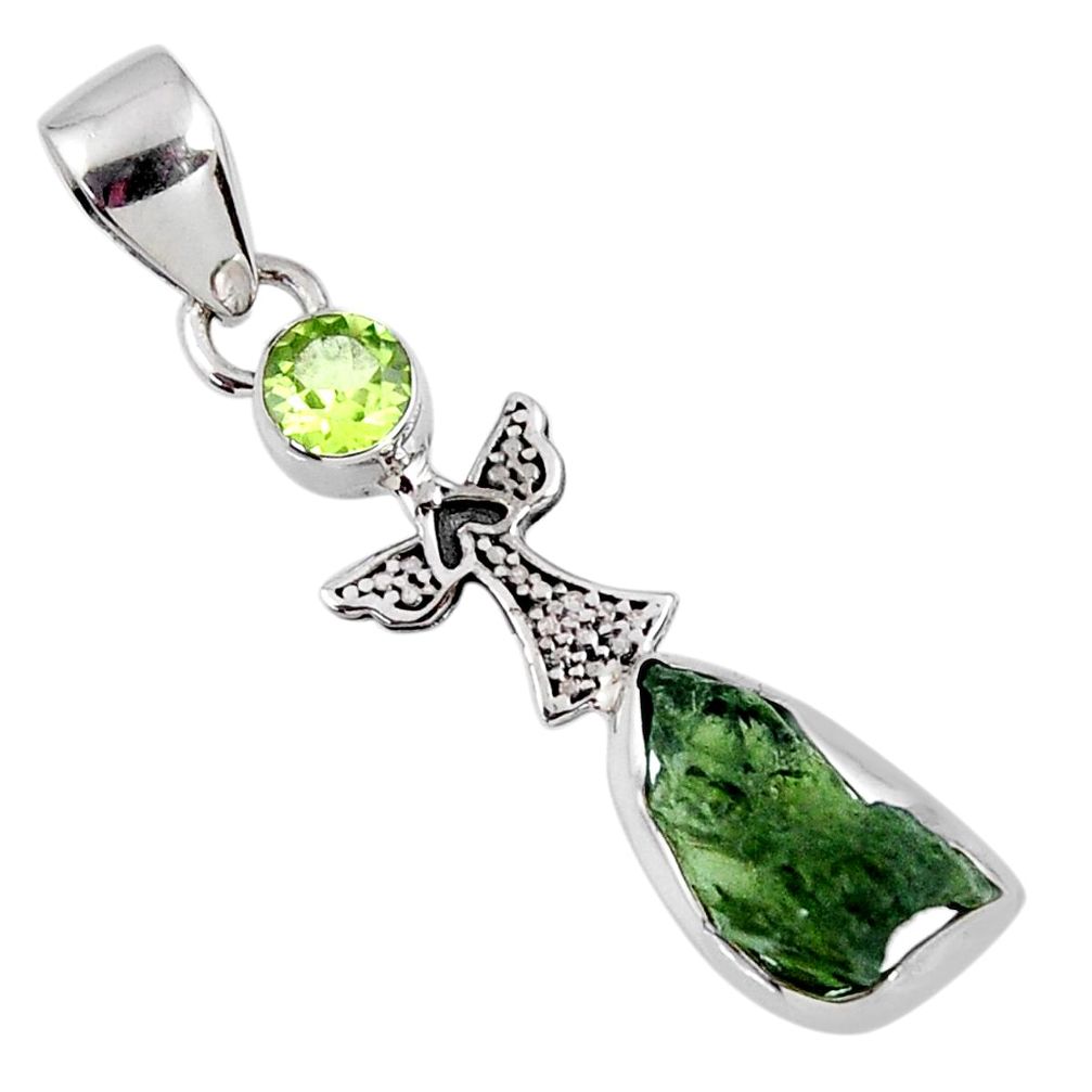 4.89cts natural green moldavite (genuine czech) peridot silver pendant r57174