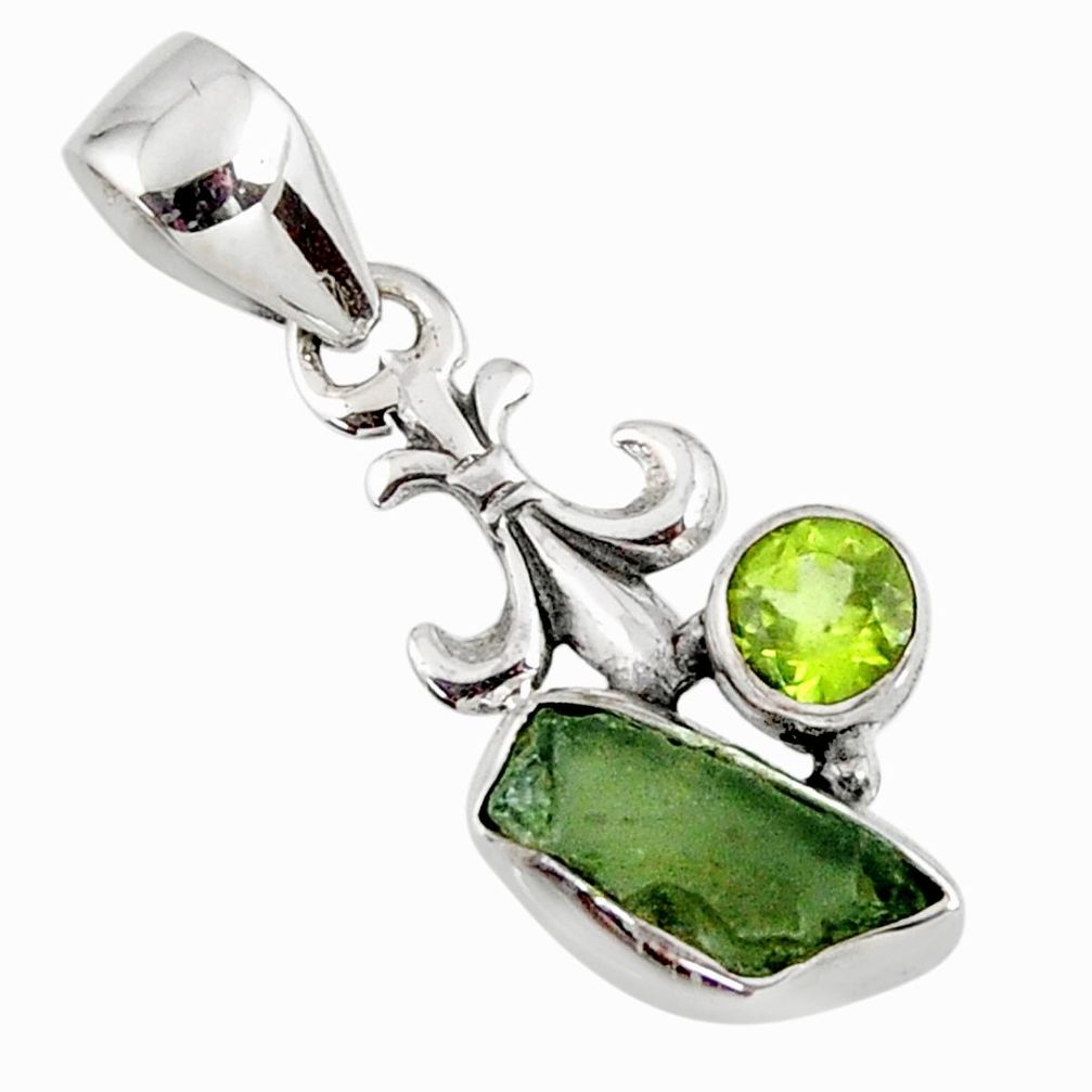 4.26cts natural green moldavite (genuine czech) peridot silver pendant r57194