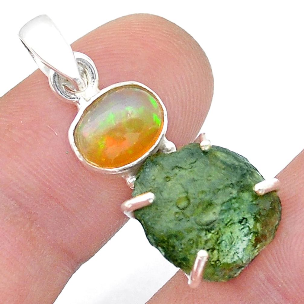 8.57cts natural green moldavite fancy ethiopian opal 925 silver pendant u62282