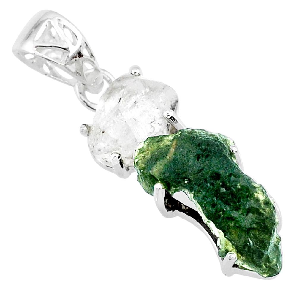 10.11cts natural green moldavite herkimer diamond 925 silver pendant r71925