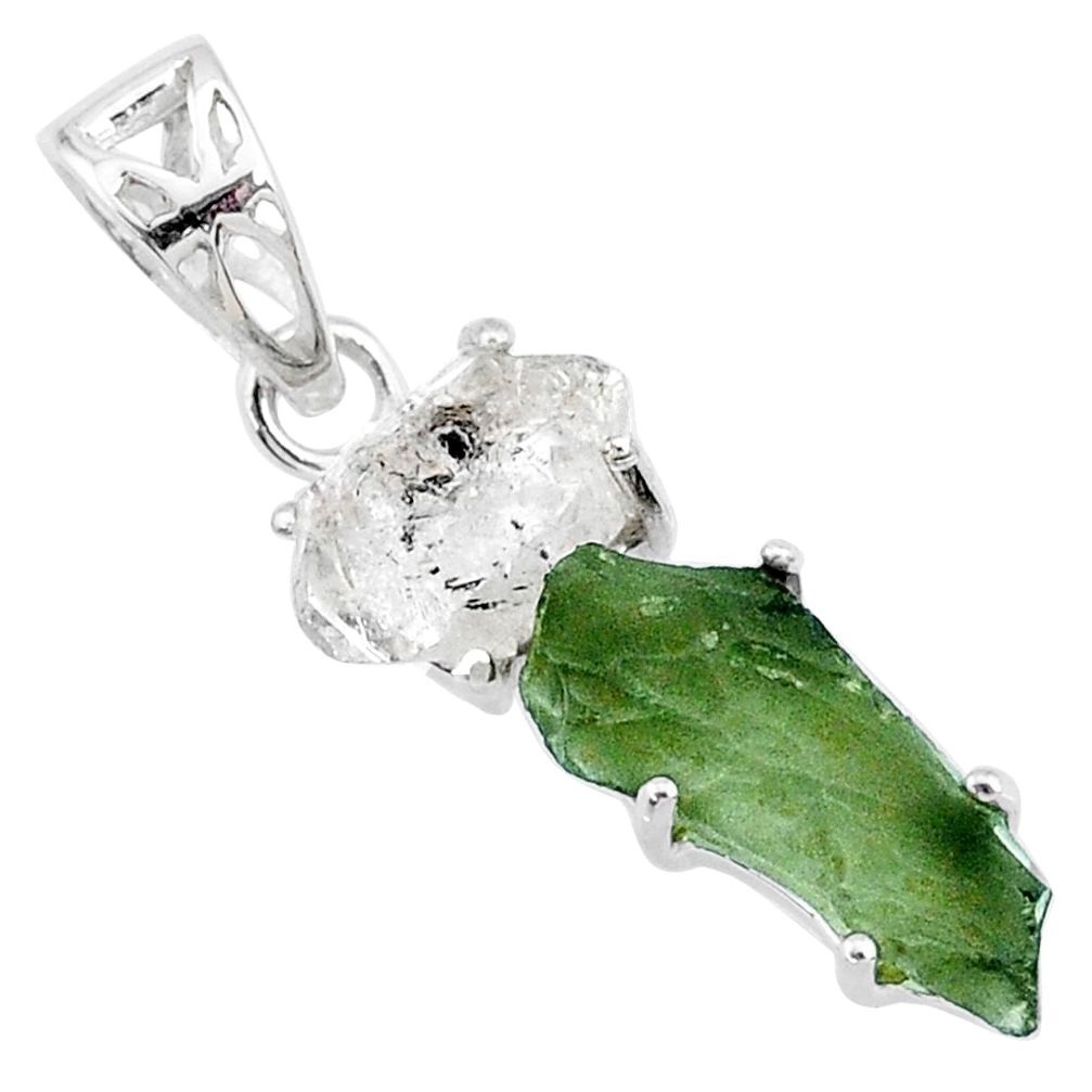 8.48cts natural green moldavite herkimer diamond 925 silver pendant r71928